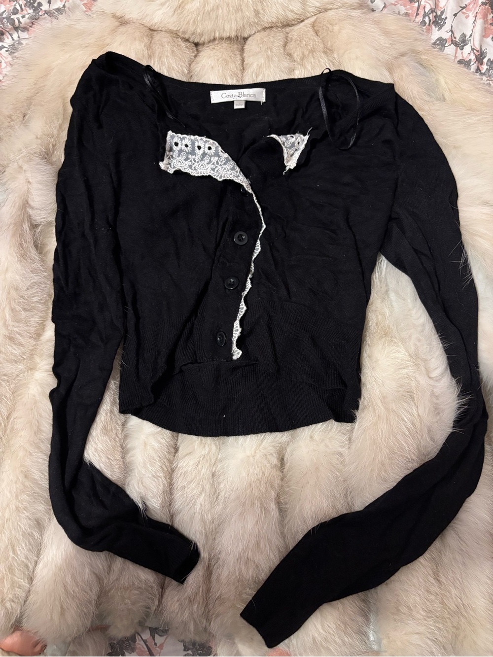 Costa Blanca Cropped Black Long-Sleeve Button Front Top with White Lace Trim
